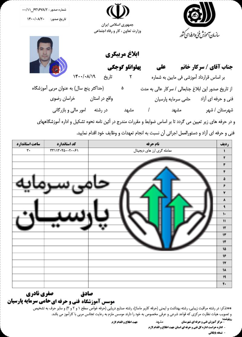 مدرک تدریس ارزهای دیجیتال فنی حرفه ای استاد پهلوان